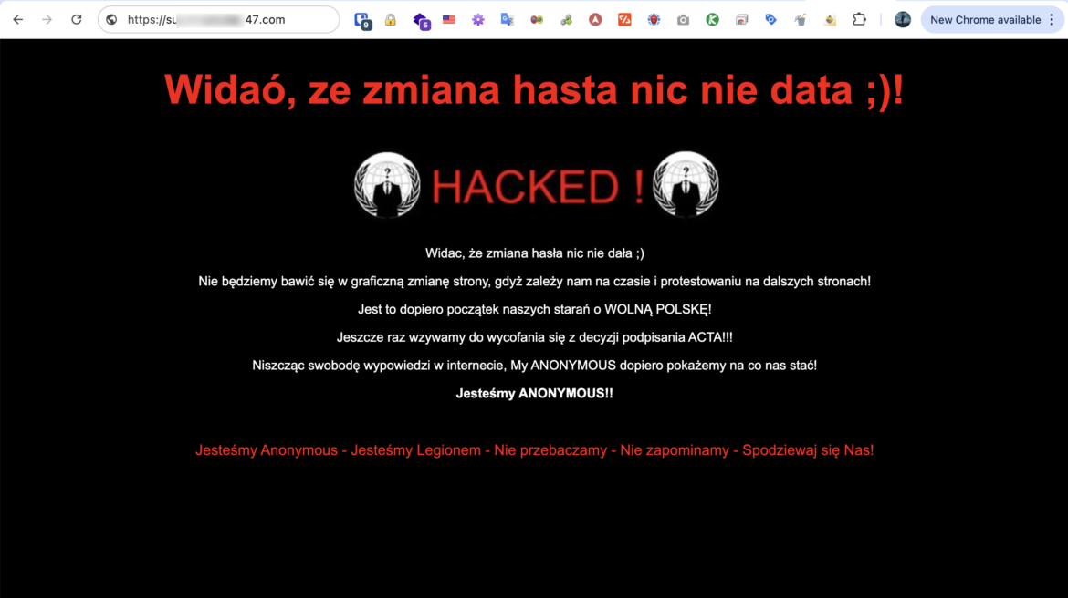 Website hiển thị thông báo đã bị hack